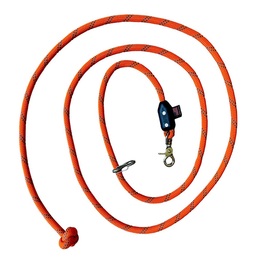 Orange rope leash with carabiner clip for training hunting dogs