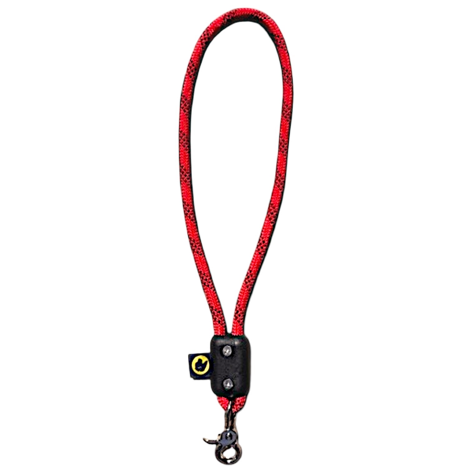 Red traffic handle short dog leash with a stainless steel clip on a white background